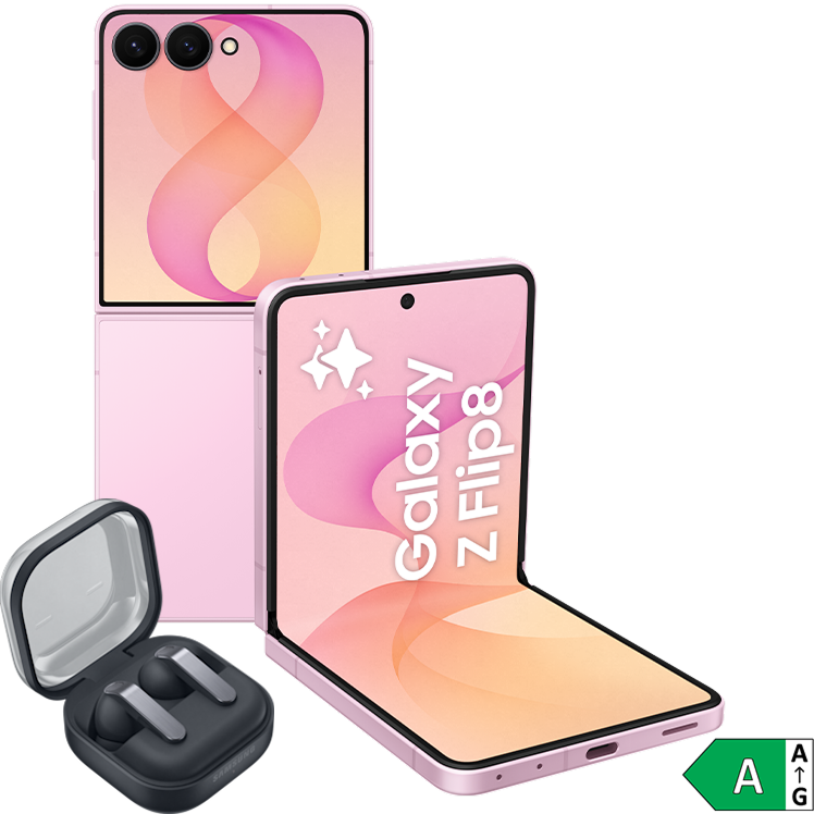 Samsung Galaxy Z Flip8 i rosa, visad öppen och stängd, med svarta trådlösa hörlurar och energiklass A-märkning.
