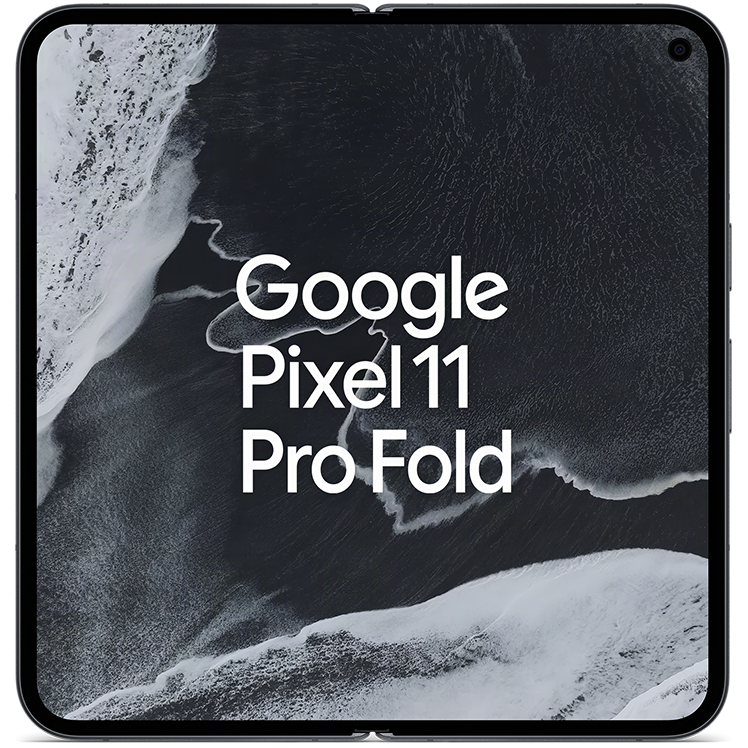 Google Pixel 11 Pro Fold visad framifrån med en luftvy över kust som bakgrundsbild, svart ram.