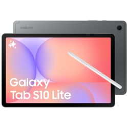 Galaxy Tab S10 Lite, en grå Samsung-surfplatta visad framifrån med en S Pen-penna placerad till höger.