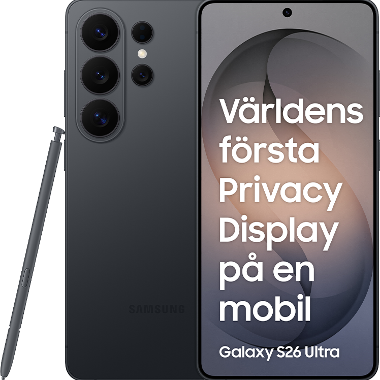 Samsung Galaxy S26 Ultra med penna, visar "Världens första Privacy Display på en mobil" på skärmen.