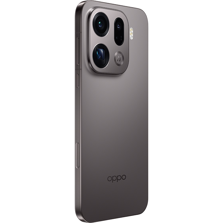 OPPO smartphone i mörkgrå färg sedd bakifrån, med trippelkamerasystem och OPPO-logotyp.