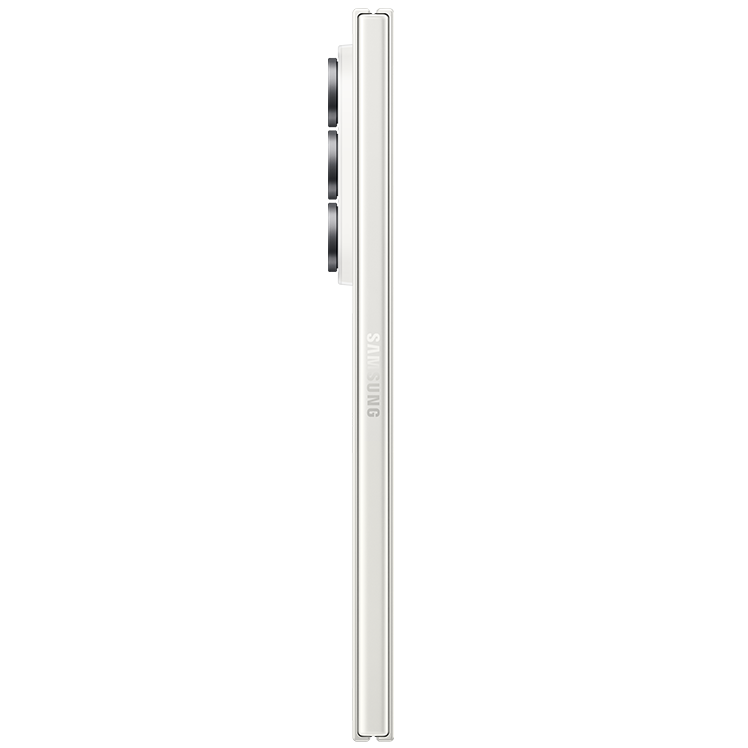 Samsung smartphone i vit färg sedd från sidan, med trippelkamera synlig på baksidan.