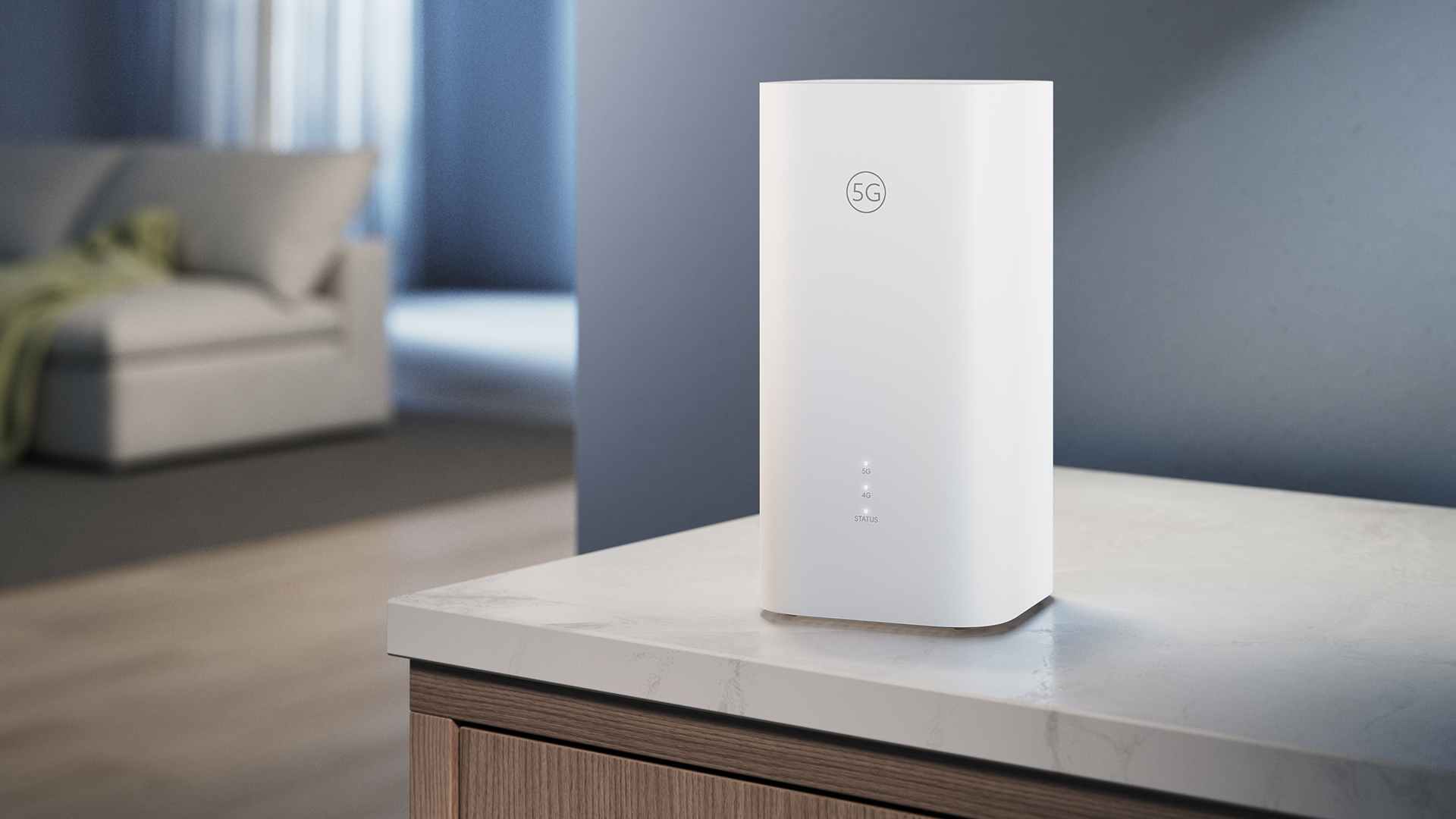 Vit 5G-router i minimalistisk design. Routern har lysdioder som visar anslutningsstatus för 5G och 4G.