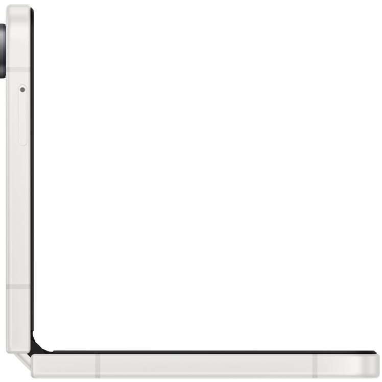 En vit vikbar smartphone sedd från sidan, öppnad i 90-gradersvinkel med kamera synlig upptill.