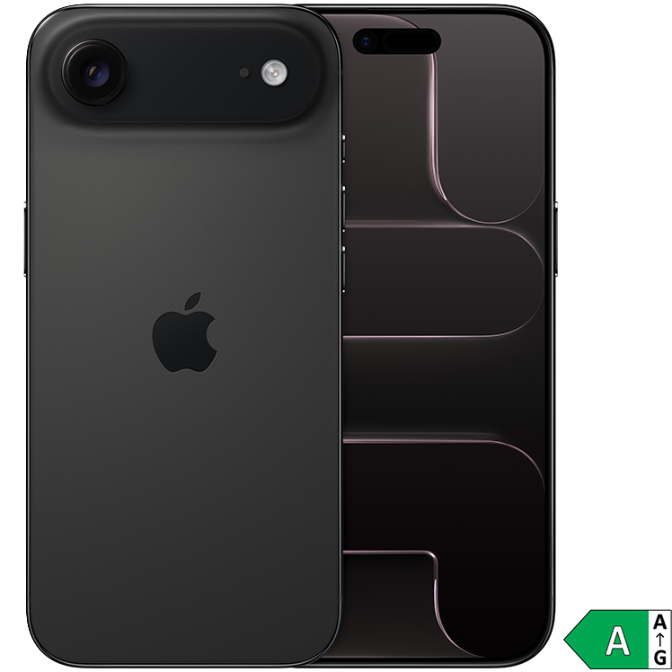 Svart iPhone Air med dubbla kameror på baksidan, Apples logotyp och en abstrakt designad skärm bredvid. Energiklass A.