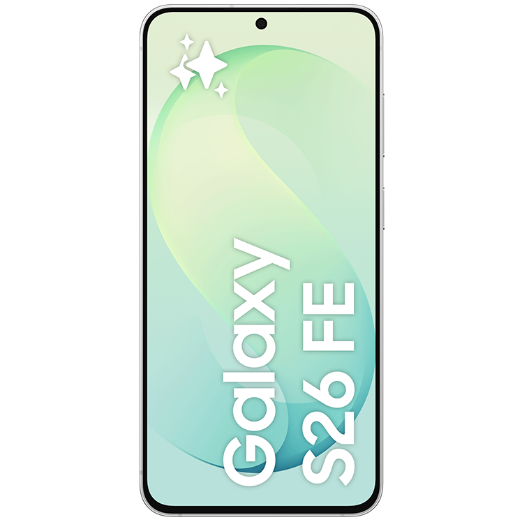 Samsung Galaxy S26 FE smartphone framifrån med grön skärm och texten Galaxy S26 FE visad på displayen.
