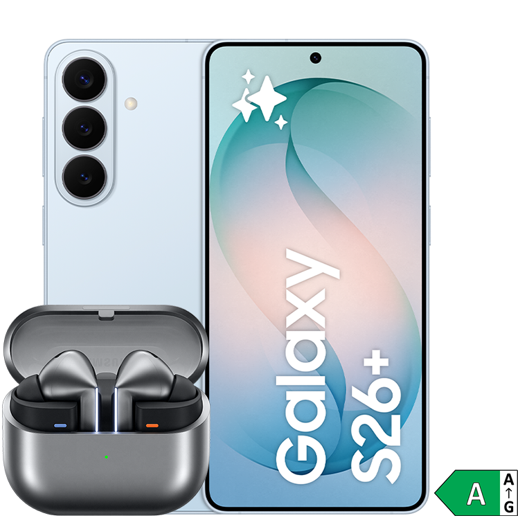 Fram- och baksida på ljusblå Samsung Galaxy S26+ med Galaxy Buds3 Pro framför