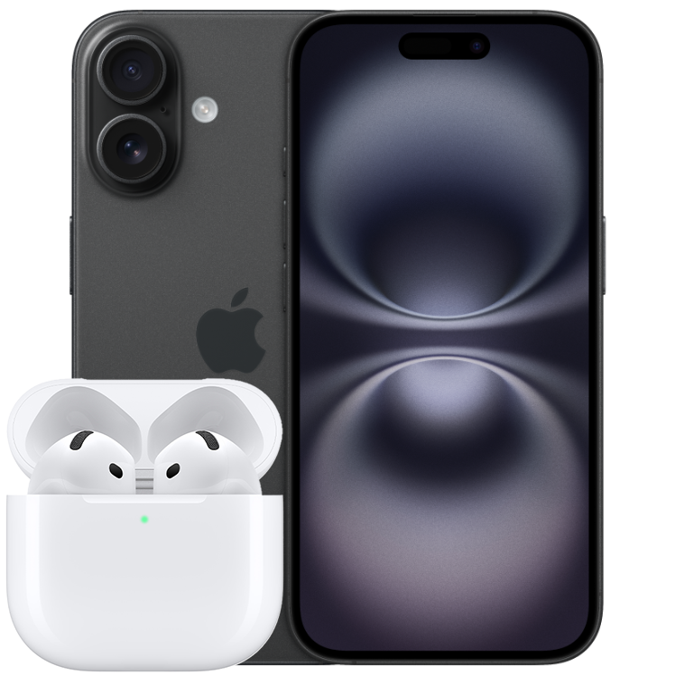 Vit airpods 4 med svart iPhone 16, fram- och baksida, skärm med mönster på framsidan, två kameror i övre vänstra hörnet på baksidan.