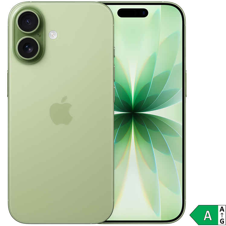 Ljusgrön iPhone med dubbla kameror och en blomliknande bakgrundsbild på skärmen. Energimärkning A visas i hörnet.