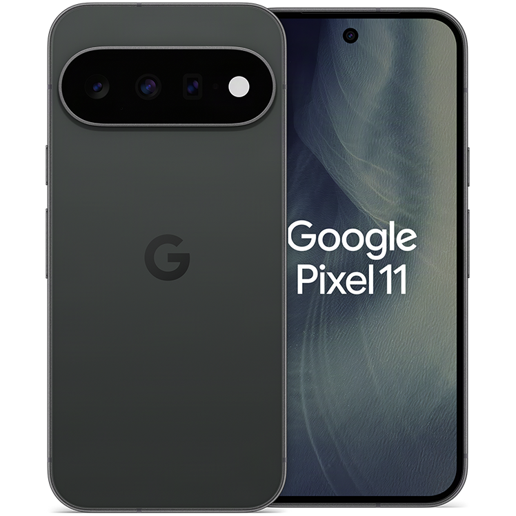 Google Pixel 11 smartphone i mörkgrått, visad från bak- och framsidan med trippelkamera och Google-logotyp.