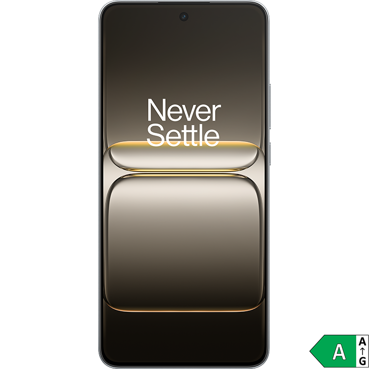OnePlus-smartphone med texten "Never Settle" på skärmen och en guldaktig design. Energimärkning A visas i hörnet.