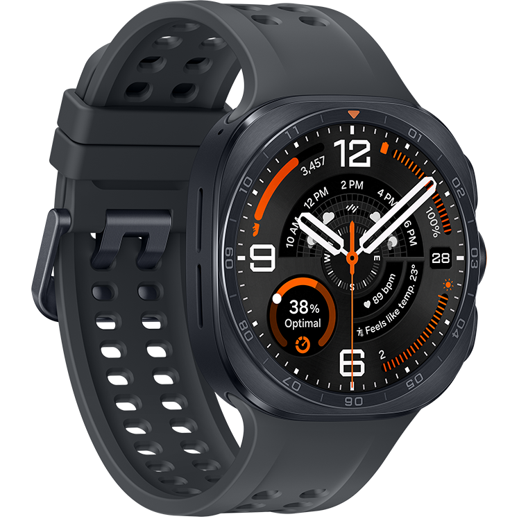 Svart smartklocka med grått perforerat silikonarmband och svart urtavla med orange och vita detaljer.