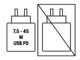 En vit USB PD-laddare märkt 7,5–45W visas bredvid en överkorsad symbol som indikerar förbud.