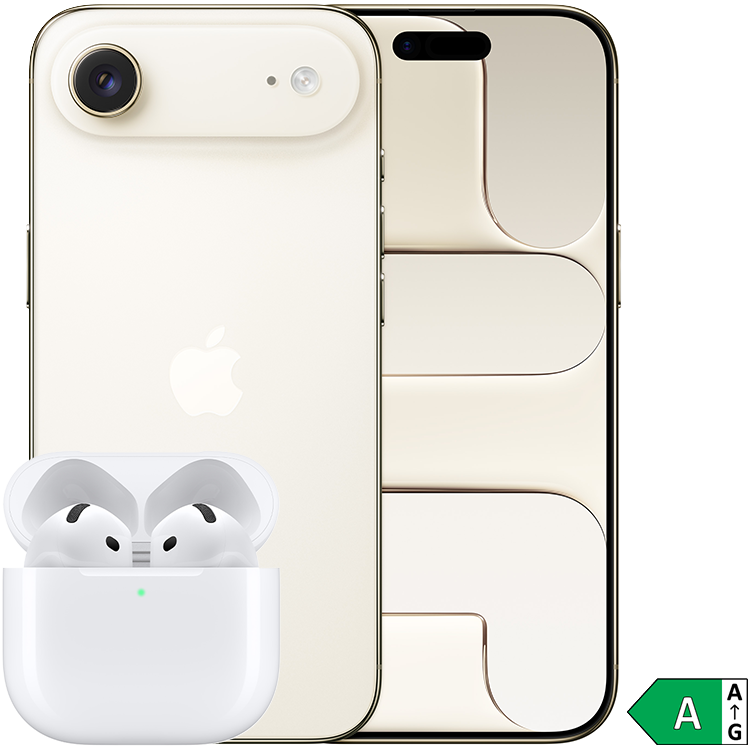 Fram- och baksida på guldfärgad iPhone Air med AirPods 4 framför