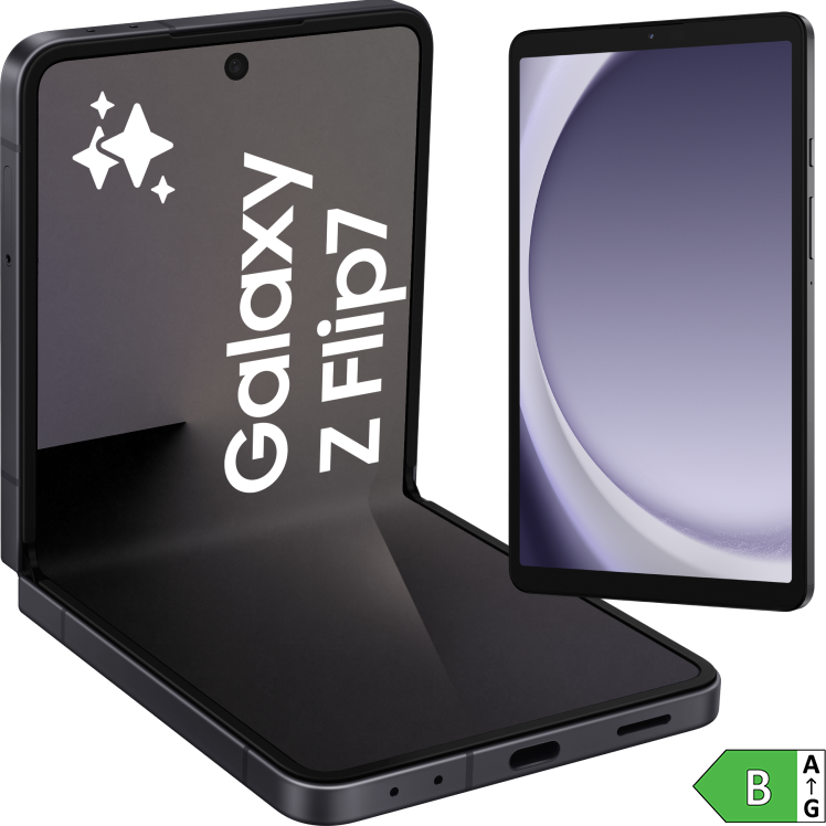 Samsung Galaxy Z Flip i svart färg, visad både ihopfälld och uppfälld med skärmen synlig. Bredvid mobilen visas en surfplatta samt energimärkningen B.