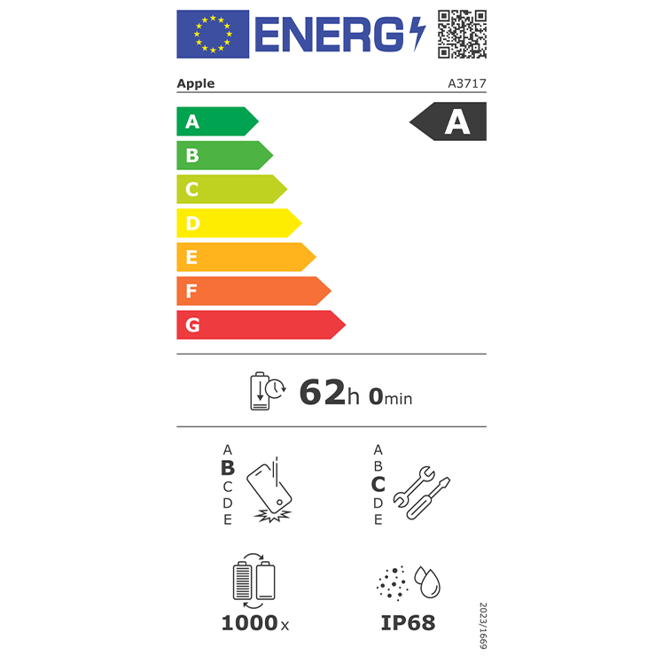 EU-energimärkning för Apple A3717, energiklass A, batteritid 62h, 1000 laddningscykler, IP68-klassning.