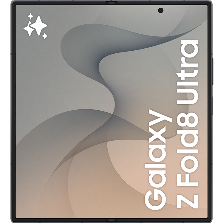 Samsung Galaxy Z Fold8 vikbar smartphone sedd framifrån, öppnad i surfplatteläge med grå och beige skärm.
