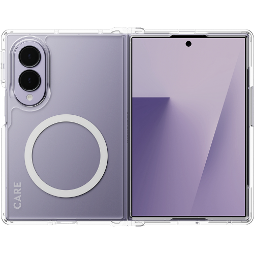 Transparent mobilfodral med magnetring på en lila vikbar Samsung-telefon, visad öppen med dubbla skärmar.