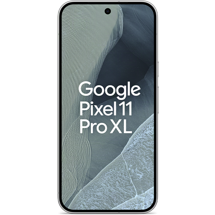 Google Pixel 11 Pro XL smartphone framifrån med mörk skärm som visar ett landskap i blå och grå toner.