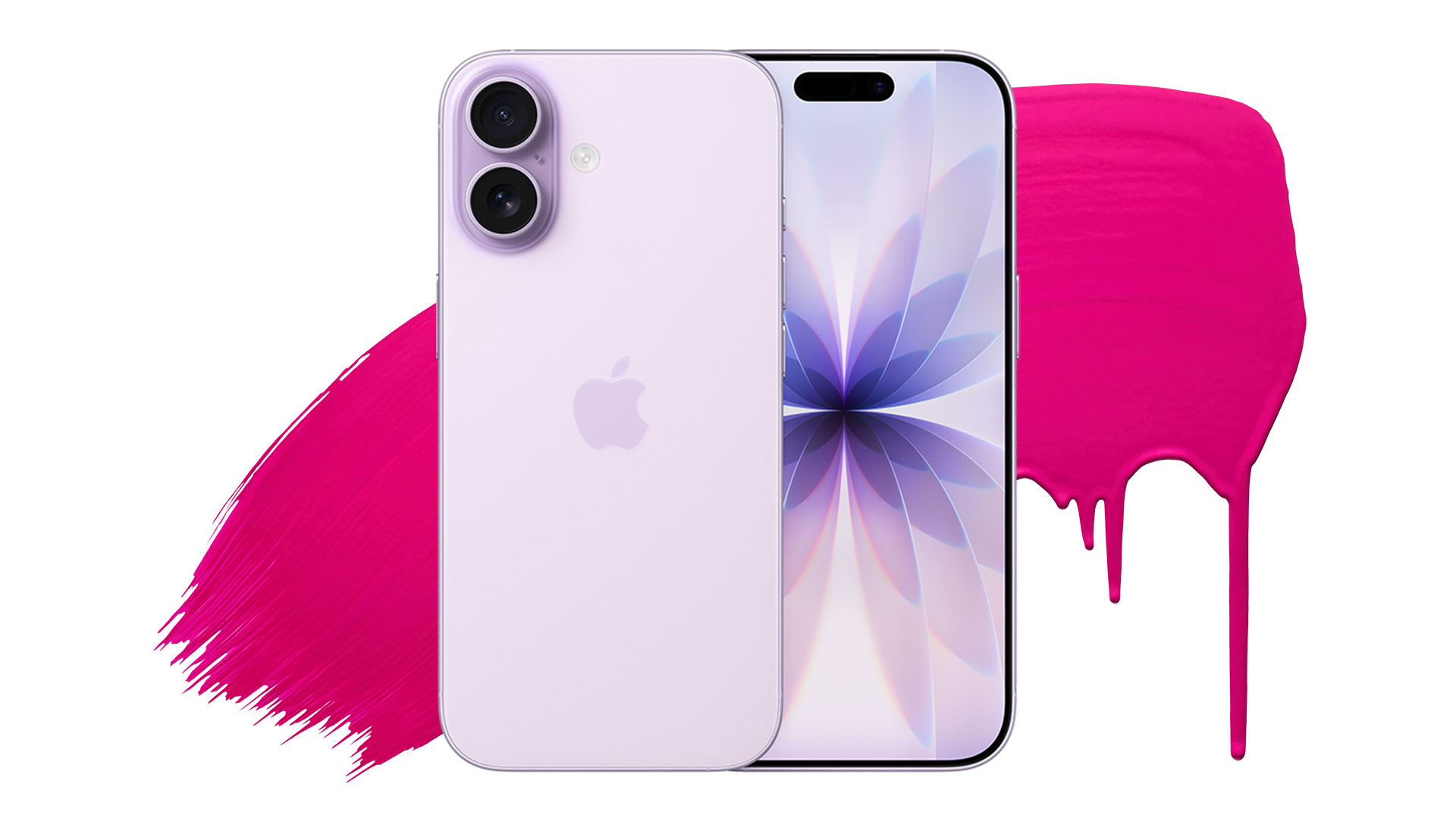 Ljuslila iPhone med dubbla kameror på baksida och centrerad främre kamera.