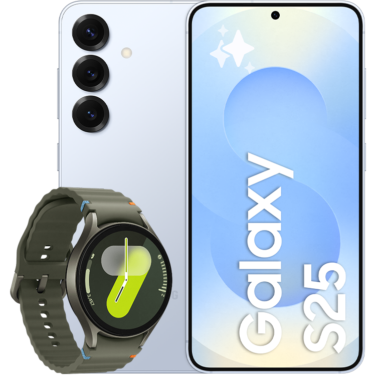 Samsung Galaxy S25 i ljusblå, visad fram- och bakifrån med tre kameralinser, tillsammans med en grön Samsung Galaxy Watch7.