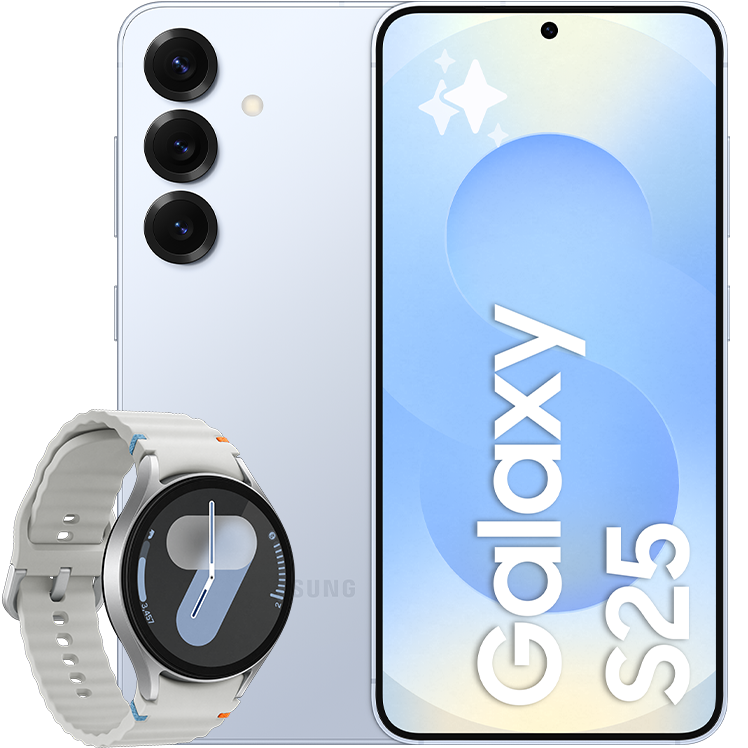 Samsung Galaxy S25 i ljusblå, visad fram- och bakifrån med tre kameralinser, tillsammans med en silverfärgad Samsung Galaxy Watch7.