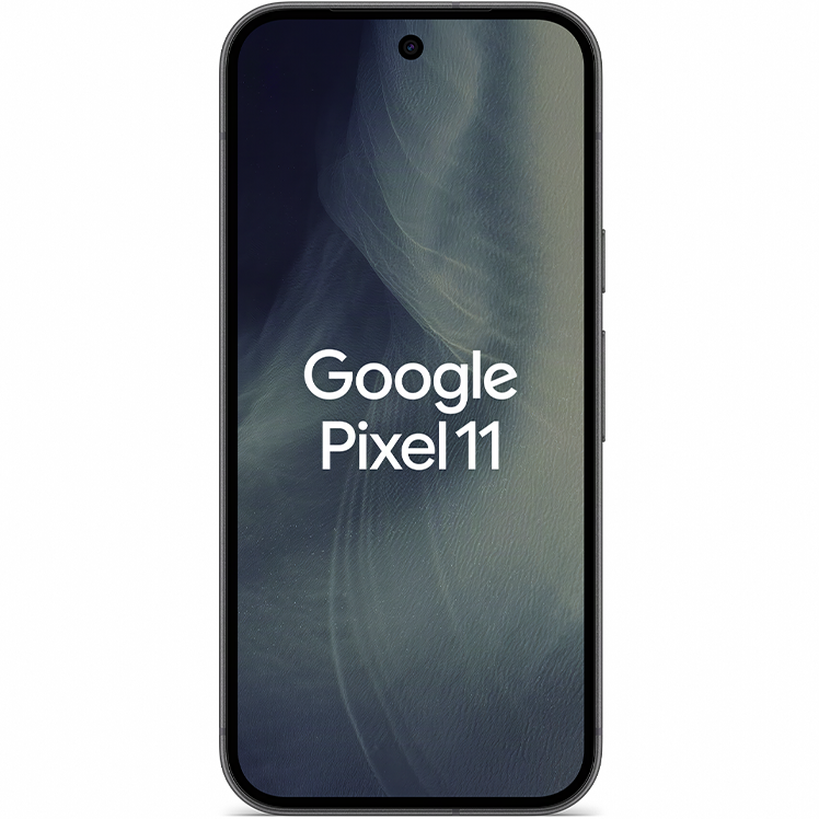 Google Pixel 11 smartphone framifrån med mörk skärm som visar texten "Google Pixel 11" i vitt.