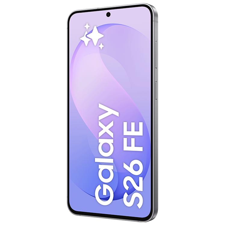 Samsung Galaxy S26 FE smartphone i lila färg, visad framifrån med en lila gradient på skärmen.