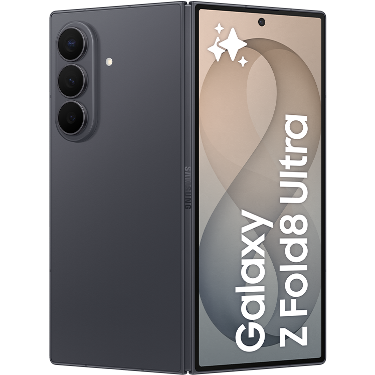 Samsung Galaxy Z Fold8 Ultra i vit färg, visad från baksidan med trippelkamera och framsidan med grå skärm.
