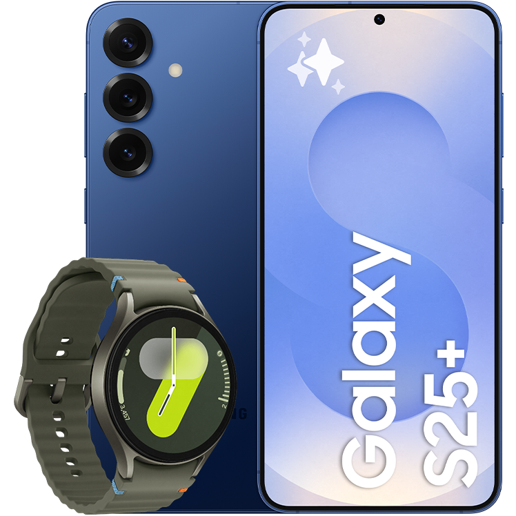 Samsung Galaxy S25+ i mörkblå, visad fram- och bakifrån med tre kameralinser, tillsammans med en grön Samsung Galaxy Watch7.