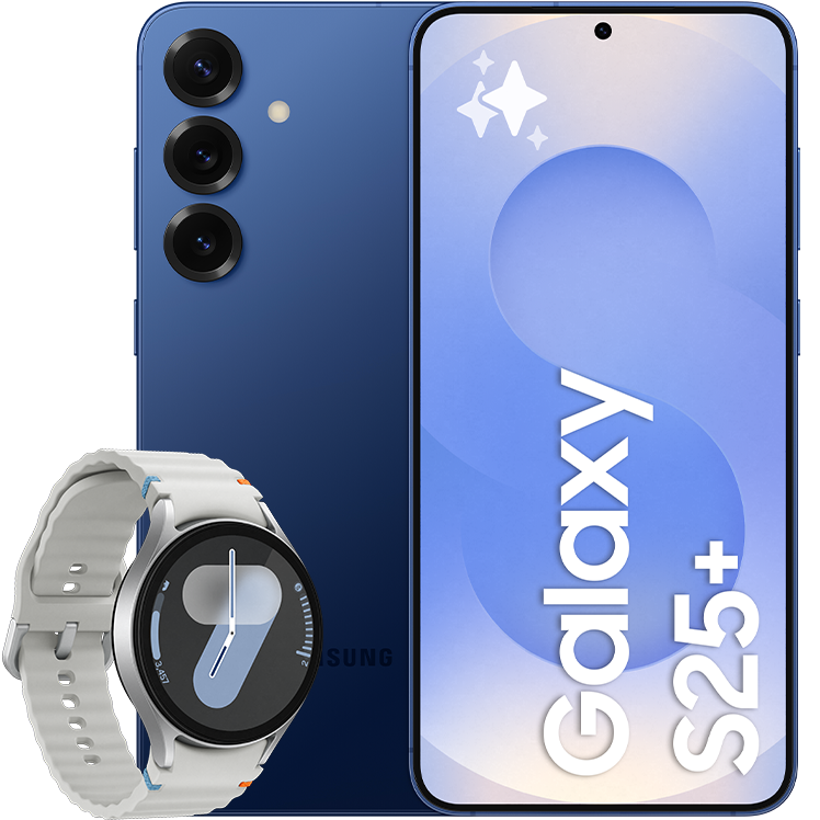 Samsung Galaxy S25+ i mörkblå, visad fram- och bakifrån med tre kameralinser, tillsammans med en silverfärgad Samsung Galaxy Watch7.