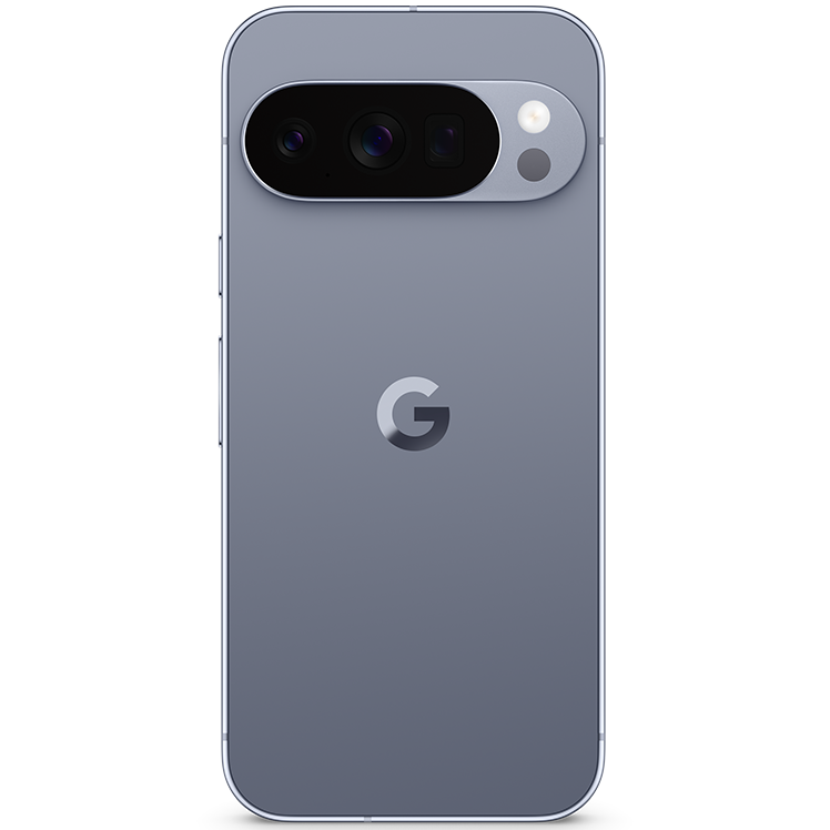 Grå Google Pixel 10 Pro sedd bakifrån, med framträdande kameramodul och G-logotyp på baksidan.