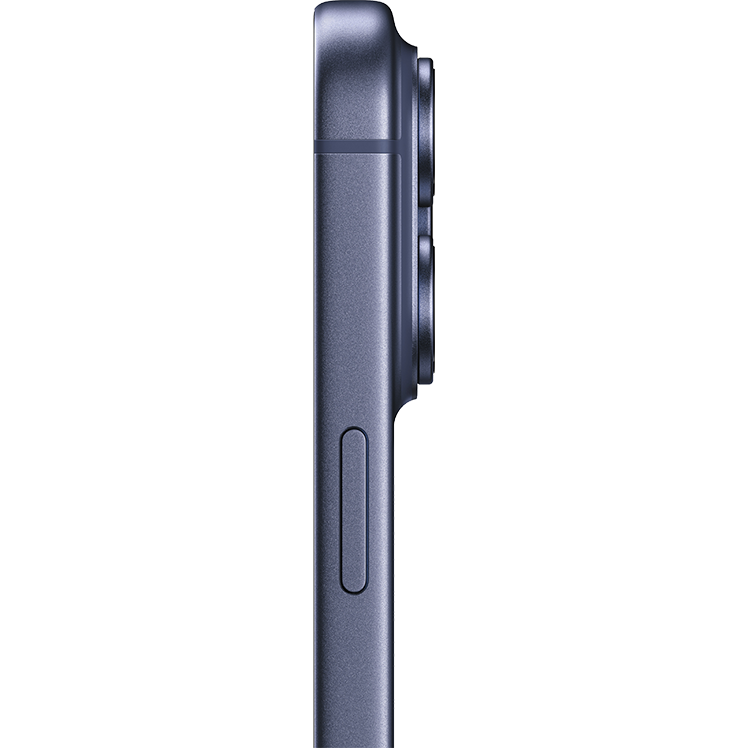 Sidovy av en mörk metallisk iPhone 17 Pro Max som visar dess tunna profil med kameramodul och sidoknapp.
