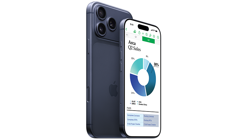 Mörkblå iPhone som visar försäljningsstatistik med ett cirkeldiagram i blå och turkosa toner på skärmen.