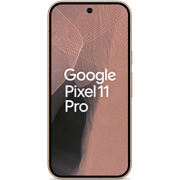 Google Pixel 11 Pro smartphone framifrån med rosa skärmbakgrund och svart ram, texten "Google Pixel 11 Pro" visas på skärmen.