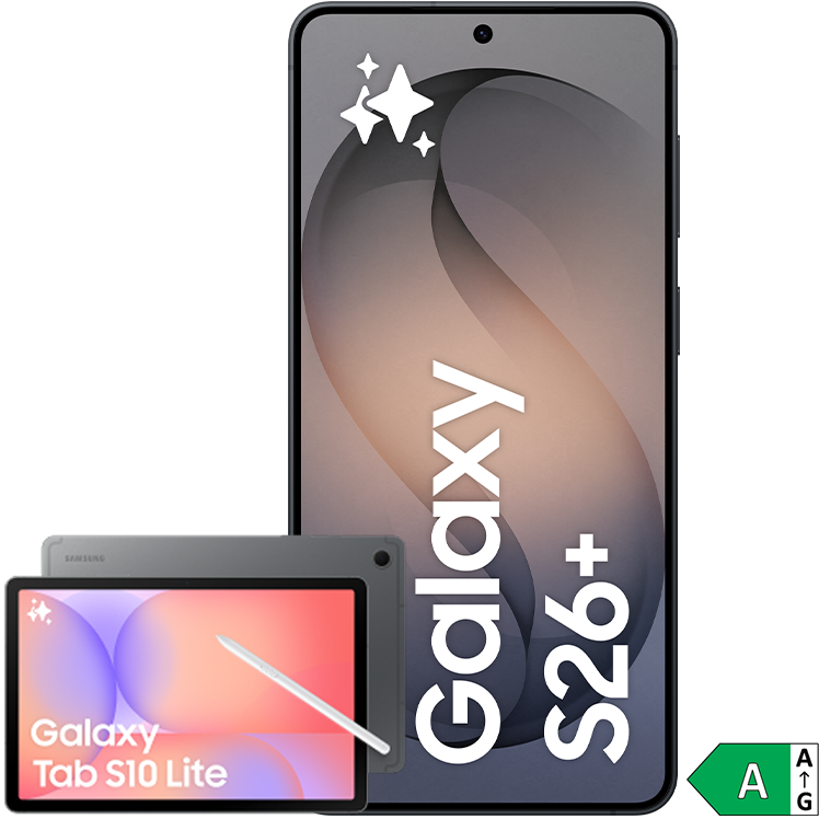 Samsung Galaxy S26+ i svart visas tillsammans med en grå Galaxy Tab S10 Lite-surfplatta med styluspenna.