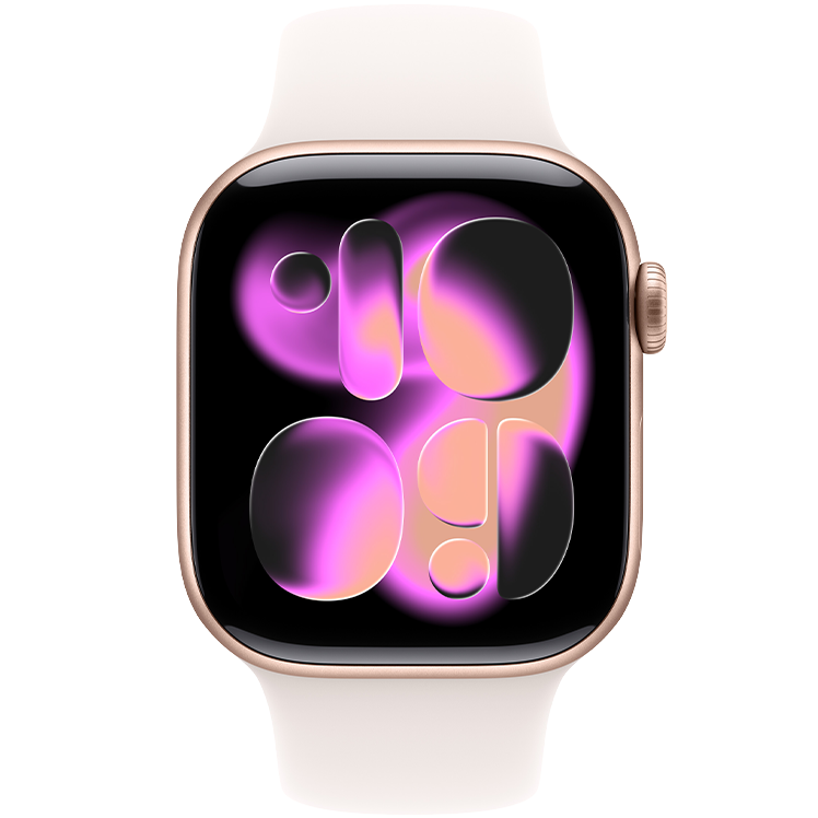 Rosa Apple Watch Series 11 med abstrakt rosa design på skärmen och matchande ljusrosa armband.