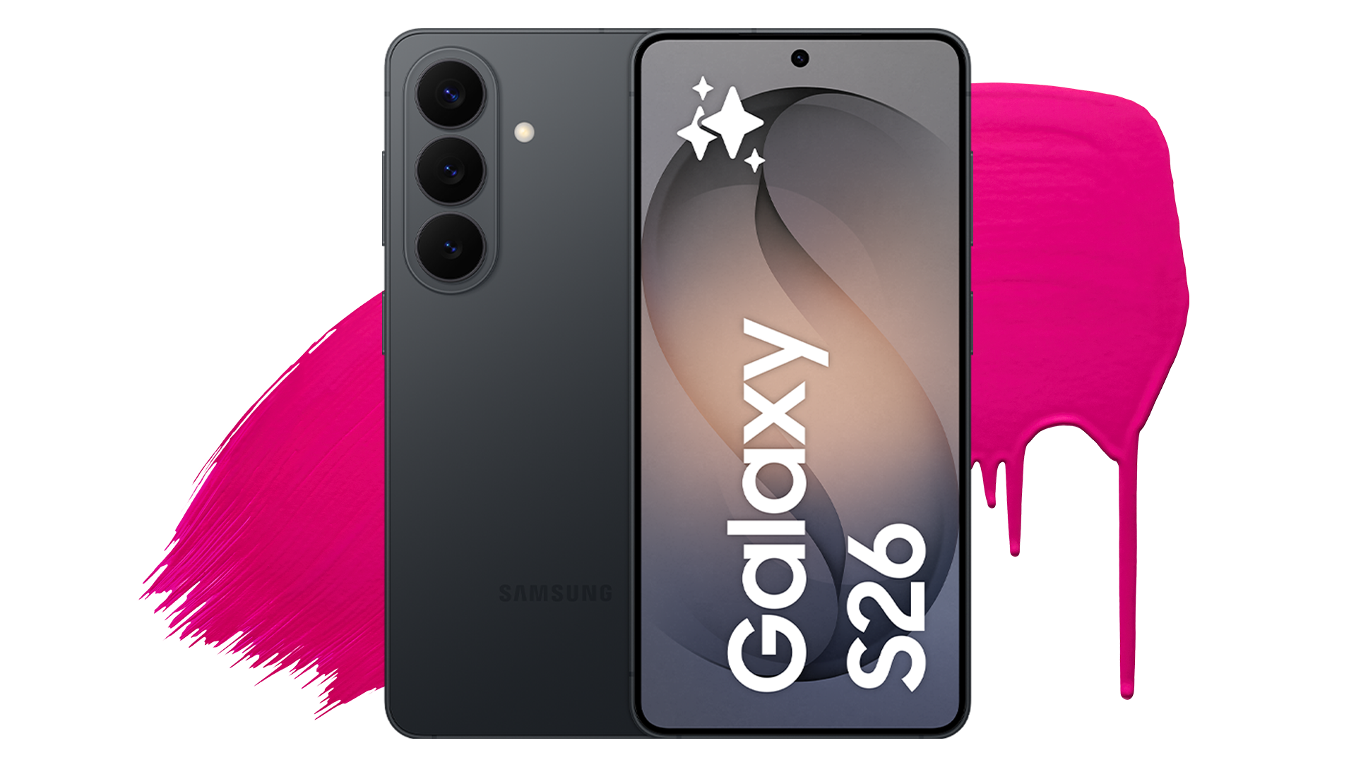 Samsung Galaxy S26, svart, fram- och baksidan. Centrerad kamera på framsidan och kameror på baksidan