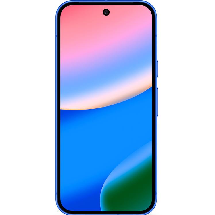 Smartphone med blå ram och färgglad skärm som visar en gradient i rosa, blå och grön med mjuka böljande former.