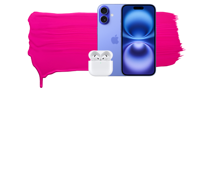 Blå iPhone 16 med AirPods 4