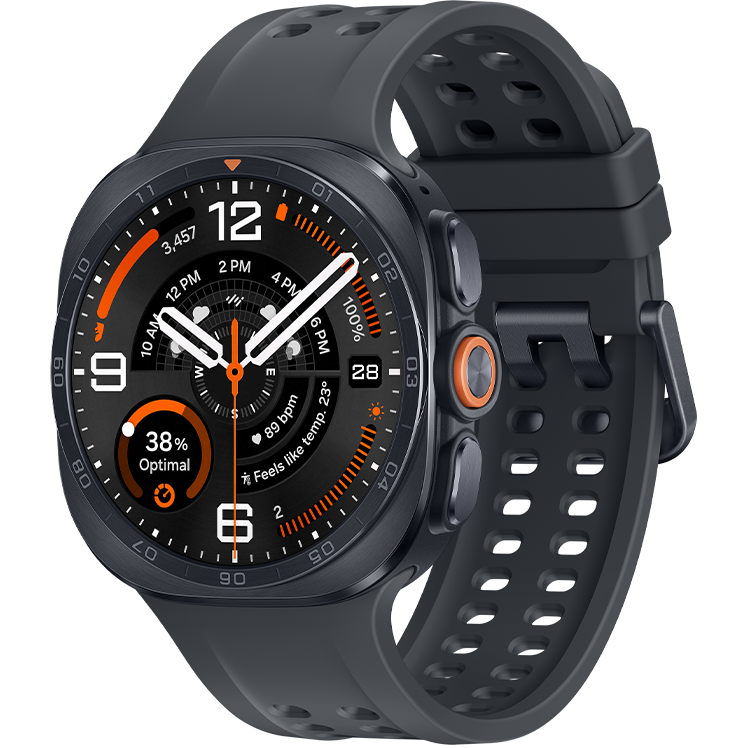 Mörkgrå smartwatch med perforerat silikonarmband och rund urtavla med orange detaljer och hälsodata.