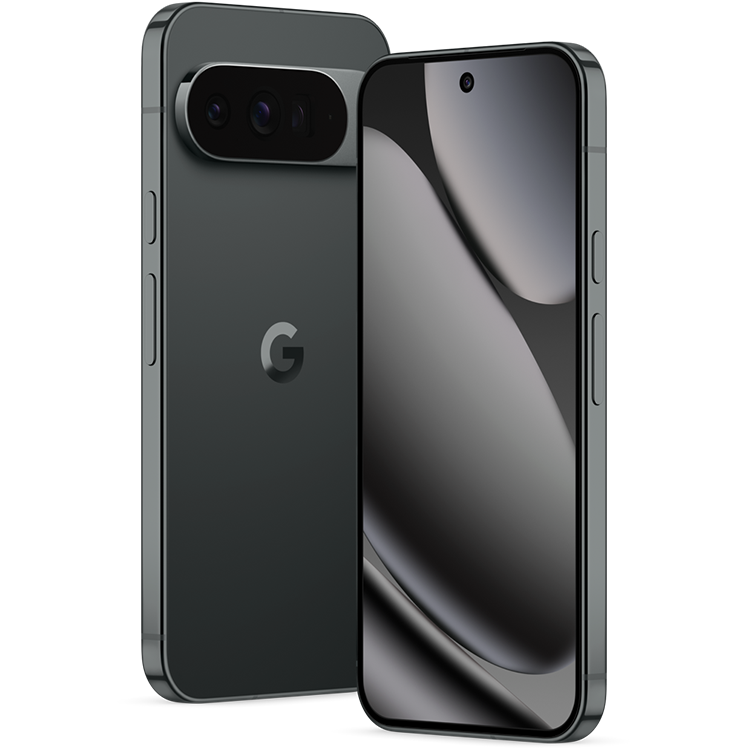 Google Pixel 10 Pro XL i svart färg med trippelkamera och G-logotyp på baksidan, visar abstrakt mörkgrå mönster på skärmen.