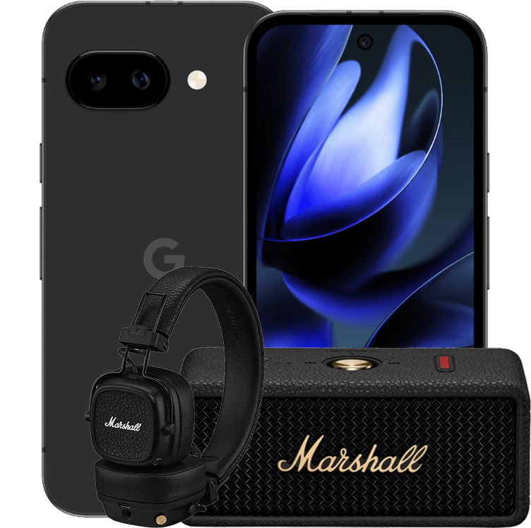 Svart Google Pixel 9a med blå skärm, Marshall-hörlurar och en Marshall-högtalare med guldlogotyp mot svart bakgrund.