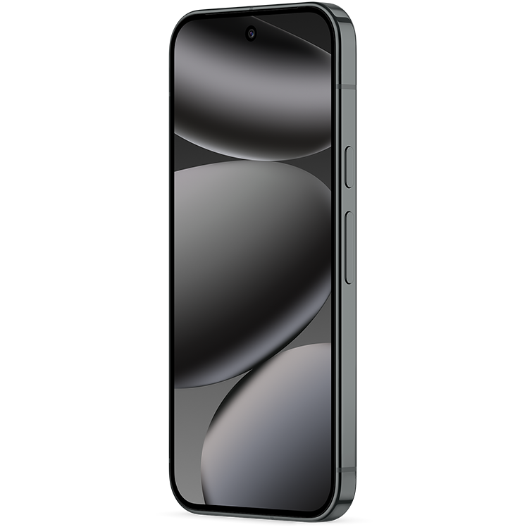 Svart Google Pixel 10 Pro med mörkgrå abstrakt bakgrund på skärmen sedd från sidan.