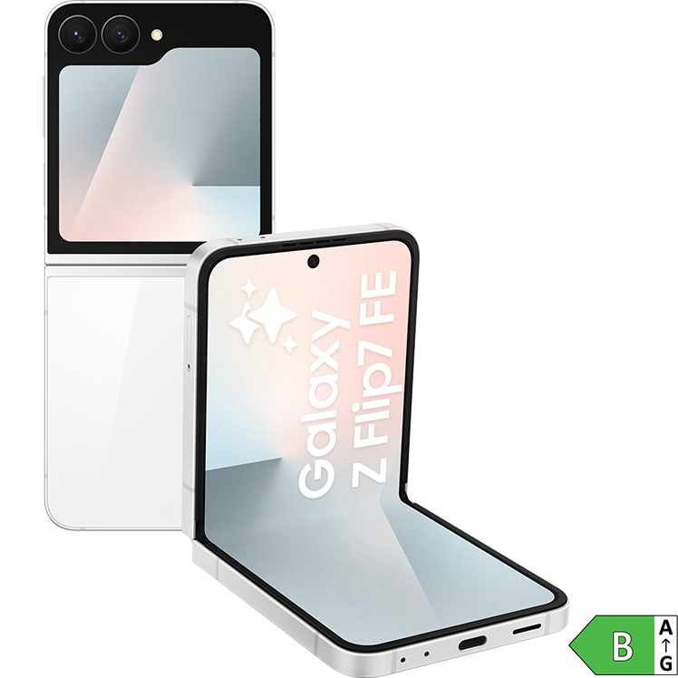 Vit Samsung Galaxy Z Flip7 FE vikbar smartphone visad i både stängt och delvis öppet läge med dubbla kameror. Med energimärkning B.