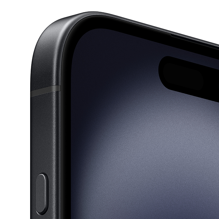 iPhone 16 Plus, svart, detaljer av skärm och rundade hörn i metall, knapp i skärmens ram, utskärning för främre kamera