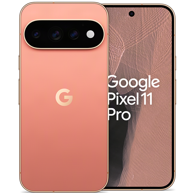 Google Pixel 11 Pro i rosa färg, visad framifrån och bakifrån med trippelkamera och Google-logotyp.