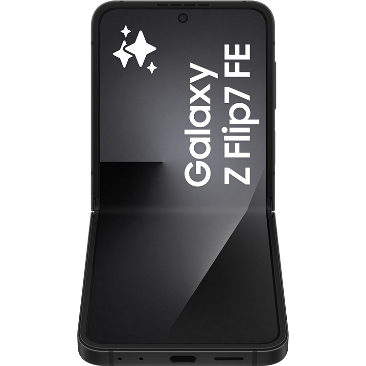 Samsung Galaxy Z Flip7 FE i svart, framifrån i halvöppen position, med huvudskärmen påslagen. Runt skärmen löper en tunn svart kant.