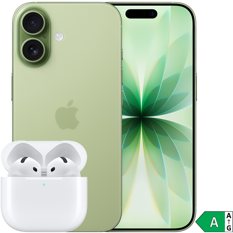 Ljusgrön iPhone 16 visad från bak och framsida med blommönster på skärmen, tillsammans med vita Apple AirPods i laddningsfodral.