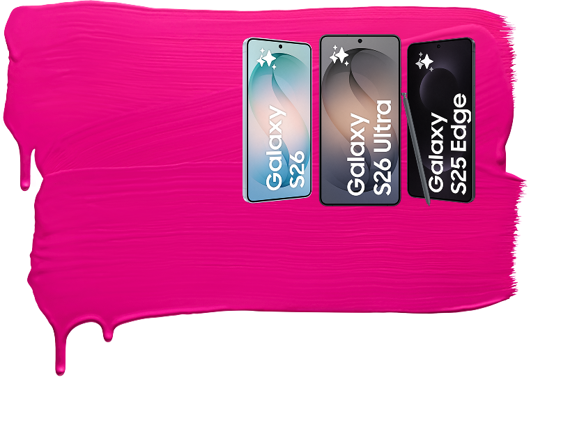 Tre Samsung-telefoner (Galaxy S26, S26 Ultra och S25 Edge) visas mot en livlig rosa bakgrund som liknar färgstänk.